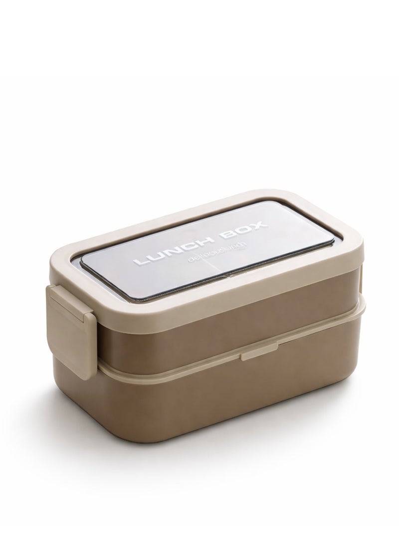 Beram Kitchen 2-Tier PP Plastic & Silicone Bento Lunch Box with Leakproof Compartments & Lunch Bag Box for School Work Travel Adults & Kids – Brown Tiffin Food Storage Container